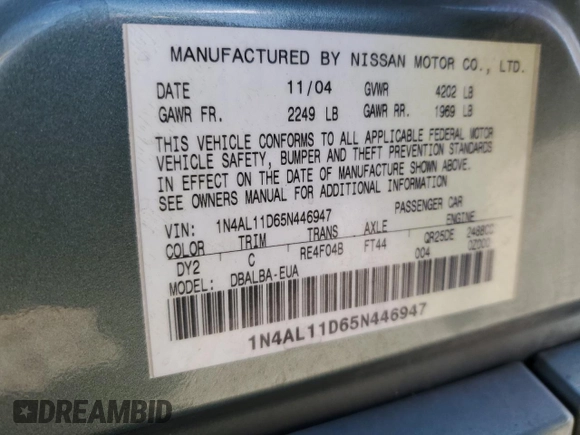 2005 Nissan Altima SL z VIN 1N4AL11D65N446947, wystawiony jako Copart lot #49281895 z przebiegiem 225 343 mil mil oraz Szkoda całkowita • Salvage title. Historia ofert i sprzedaży dostępna na DreamBid. Obrazek 13.