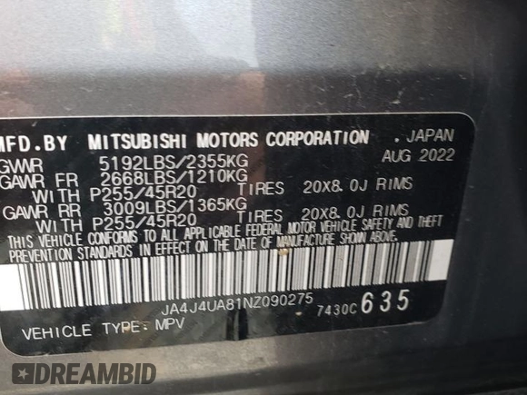 2022 Mitsubishi Outlander SE with VIN JA4J4UA81NZ090275, listed as a Copart auction lot 53905275 with 55,259 mi miles and Salvage title. Bid and sale history available at DreamBid. Image 15.