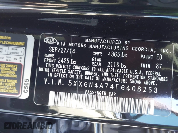 2015 Kia Optima EX with VIN 5XXGN4A74FG408253, listed as a IAAI auction lot 41336799 with 126,041 mi miles. Bid and sale history available at carsss.com. Image 9.