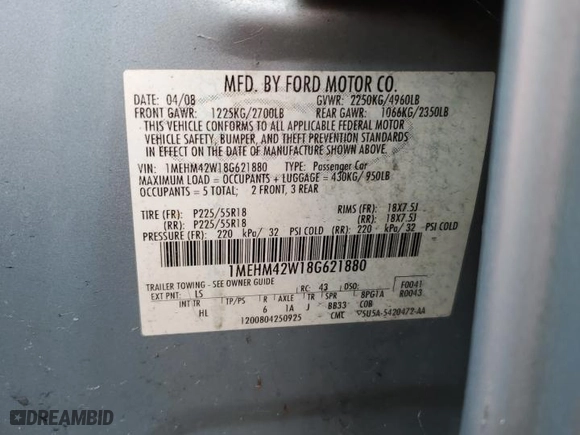 2008 Mercury Sable Premier with VIN 1MEHM42W18G621880, listed as a Copart auction lot 49954275 with 0 mi miles and Salvage Title. Bid and sale history available at carsss.com. Image 12.