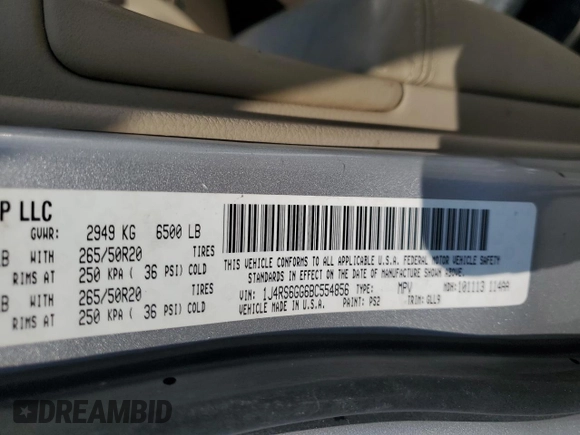2011 Jeep Grand Cherokee Overland with VIN 1J4RS6GG6BC554856, listed as a Copart auction lot 55994505 with 181,516 mi miles and Salvage title. Bid and sale history available at DreamBid. Image 13.