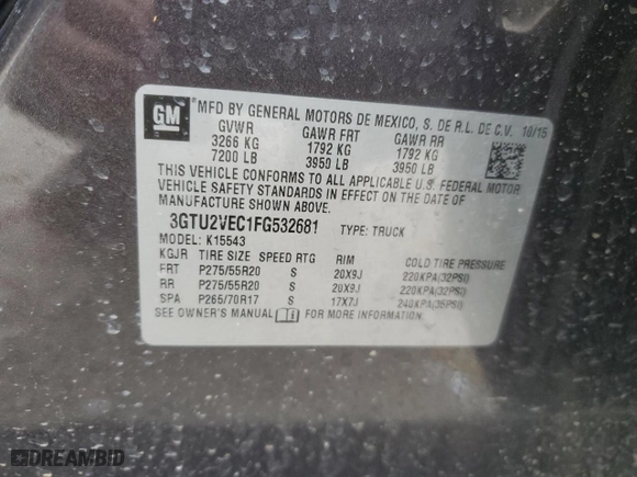 2015 GMC Sierra 1500 SLT with VIN 3GTU2VEC1FG532681, listed as a Copart auction lot 45672415 with 120,018 mi miles and Salvage Title. Bid and sale history available at carsss.com. Image 13.