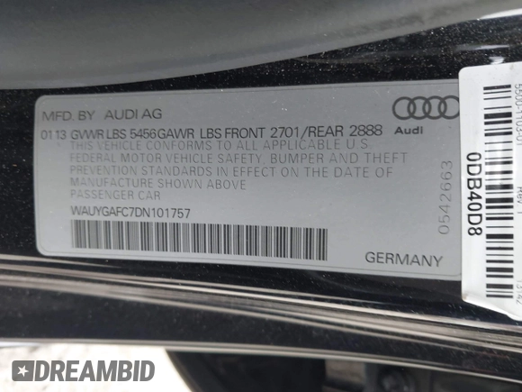 2013 Audi A7 Premium Plus with VIN WAUYGAFC7DN101757, listed as a IAAI auction lot 42485884 with 135,330 mi miles and . Bid and sale history available at DreamBid. Image 9.