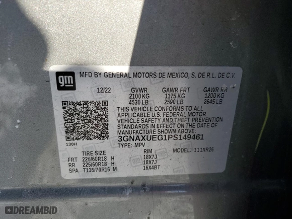 2023 Chevrolet Equinox LT with VIN 3GNAXUEG1PS149461, listed as a Copart auction lot 45221545 with 52,331 mi miles and Salvage Title. Bid and sale history available at carsss.com. Image 13.