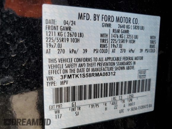 2024 Ford Mustang Mach-E Select with VIN 3FMTK1S58RMA08312, listed as a Copart auction lot 55017385 with 7,424 mi miles and Salvage title. Bid and sale history available at DreamBid. Image 13.