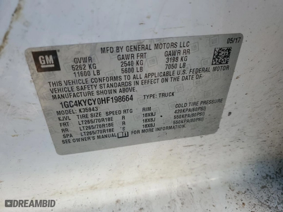 2017 Chevrolet Silverado 3500HD Work Truck with VIN 1GC4KYCY0HF198664, listed as a Copart auction lot 84520084 with 190,076 mi miles and Salvage Title. Bid and sale history available at carsss.com. Image 12.