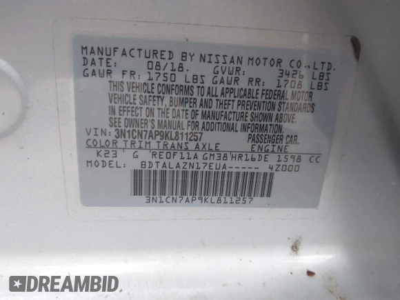 2019 Nissan Versa SV with VIN 3N1CN7AP9KL811257, listed as a IAAI auction lot 42226106 with 158,151 mi miles and . Bid and sale history available at DreamBid. Image 9.
