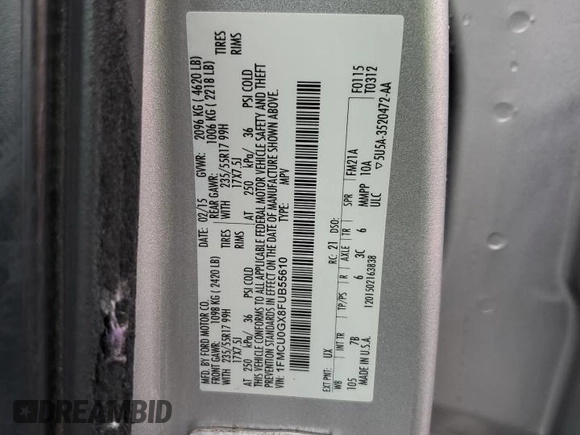 2015 Ford Escape SE with VIN 1FMCU0GX8FUB55610, listed as a Copart auction lot 48484695 with 138,687 mi miles and Salvage Title. Bid and sale history available at DreamBid. Image 13.