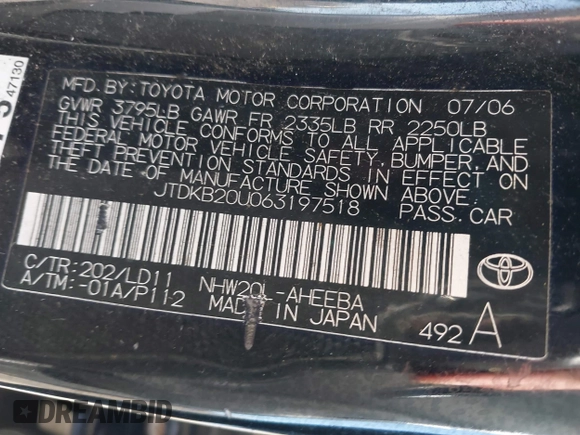 2006 Toyota Prius with VIN JTDKB20U063197518, listed as a IAAI auction lot 41342184 with 186,105 mi miles. Bid and sale history available at carsss.com. Image 9.