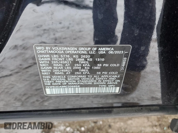2024 Volkswagen Atlas SEL Premium R-Line with VIN 1V2FE2CA9RC206858, listed as a Copart auction lot 88240845 with 11,294 mi miles and Salvage title. Bid and sale history available at DreamBid. Image 15.