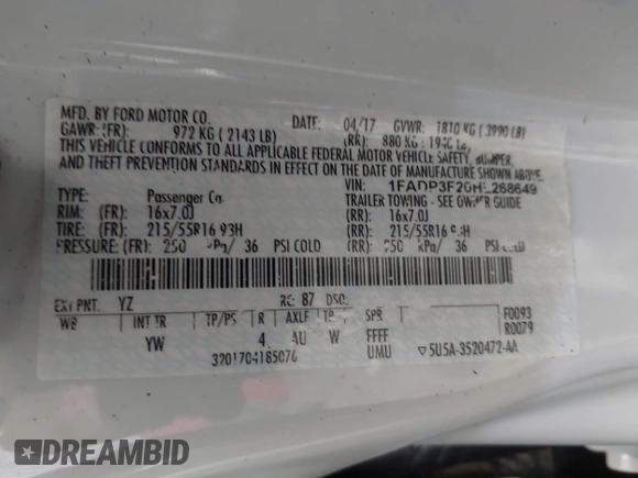 2017 Ford Focus SE с VIN 1FADP3F20HL268649, выставлен на аукционе IAAI как лот 42405948 с пробегом 167 180 миль миль и . История ставок и продаж доступна на DreamBid. Изображение 9.