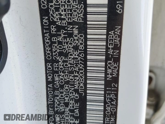 2007 Toyota Prius with VIN JTDKB20U977618050, listed as a Copart auction lot 55099415 with Not Provided miles and Salvage Title. Bid and sale history available at DreamBid. Image 12.