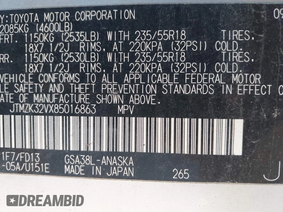 2008 Toyota RAV4 Sport с VIN JTMZK32VX85016863, выставлен на аукционе IAAI как лот 41873217 с пробегом 184 780 миль миль и . История ставок и продаж доступна на DreamBid. Изображение 9.