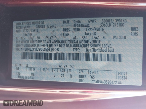 2006 Ford Econoline Passenger XL with VIN 1FBNE31L96DB41608, listed as a IAAI auction lot 42180714 with Not Provided miles and . Bid and sale history available at carsss.com. Image 9.