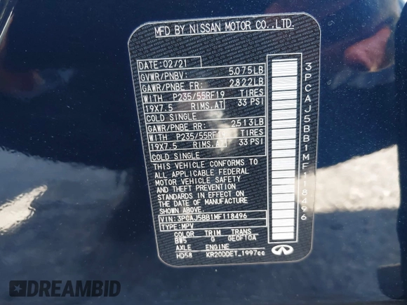 2021 Infiniti QX50 Luxe с VIN 3PCAJ5BB1MF118496, выставлен на аукционе IAAI как лот 42019199 с пробегом 58 867 миль миль и . История ставок и продаж доступна на DreamBid. Изображение 9.