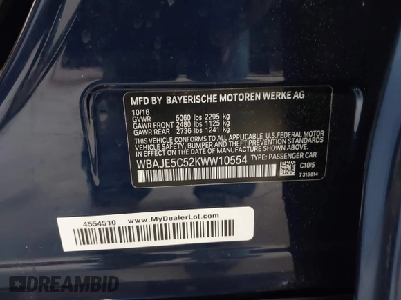 2019 BMW 5 Series 540i with VIN WBAJE5C52KWW10554, listed as a IAAI auction lot 42585059 with 71,082 mi miles and . Bid and sale history available at DreamBid. Image 9.