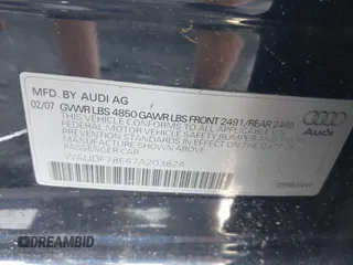 2007 Audi A4 2.0T с VIN WAUDF78E47A203824, выставлен на аукционе IAAI как лот 42367667 с пробегом 211 061 миль миль и . История ставок и продаж доступна на DreamBid. Изображение 9.