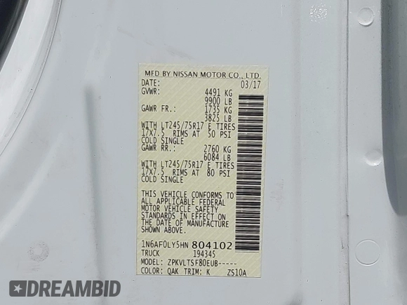2017 Nissan NV Cargo SV z VIN 1N6AF0LY5HN804102, wystawiony jako IAAI lot #41942049 z przebiegiem 116 323 mil mil oraz . Historia ofert i sprzedaży dostępna na DreamBid. Obrazek 9.