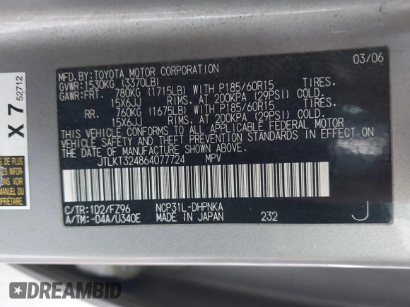 2006 Scion xB with VIN JTLKT324864077724, listed as a IAAI auction lot 42592757 with 360,588 mi miles and . Bid and sale history available at DreamBid. Image 9.