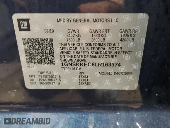 2020 Chevrolet Suburban Commercial with VIN 1GNSKKEC8LR163374, listed as a Copart auction lot 41493935 with 60,182 mi miles and Salvage Title. Bid and sale history available at carsss.com. Image 13.