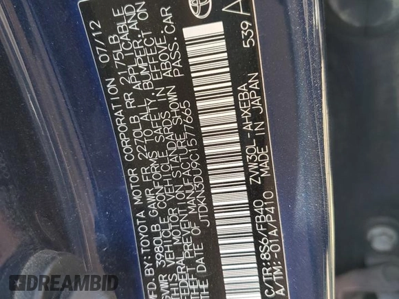 2012 Toyota Prius One with VIN JTDKN3DU9C1577665, listed as a Copart auction lot 52639725 with 193,980 mi miles and Salvage Title. Bid and sale history available at DreamBid. Image 12.