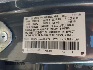 2010 Honda Accord LX with VIN 1HGCP2F33AA173224, listed as a IAAI auction lot 42523326 with 139,893 mi miles and . Bid and sale history available at DreamBid. Image 9.