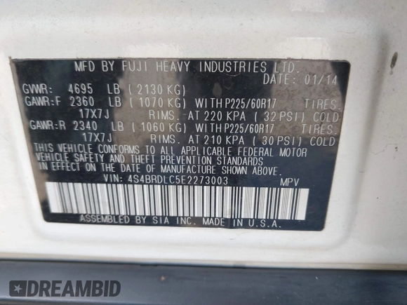 2014 Subaru Outback Limited with VIN 4S4BRDLC5E2273003, listed as a IAAI auction lot 42493357 with 179,917 mi miles and . Bid and sale history available at DreamBid. Image 9.