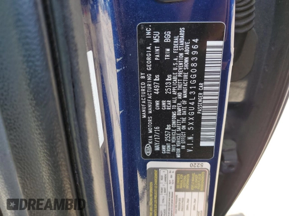 2016 Kia Optima EX with VIN 5XXGU4L31GG083964, listed as a Copart auction lot 52902845 with 119,115 mi miles and Salvage Title. Bid and sale history available at carsss.com. Image 12.