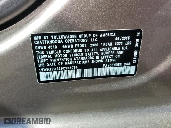 2015 Volkswagen Passat Limited Edition Edition z VIN 1VWAT7A33FC103074, wystawiony jako Copart lot #49218995 z przebiegiem 67 482 mil mil oraz Szkoda całkowita • Salvage title. Historia ofert i sprzedaży dostępna na DreamBid. Obrazek 12.