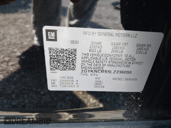 2020 Cadillac XT5 Premium Luxury FWD with VIN 1GYKNCRS5LZ236055, listed as a IAAI auction lot 41754608 with 50,509 mi miles. Bid and sale history available at carsss.com. Image 9.