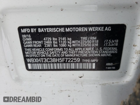 2017 BMW X1 xDrive28i with VIN WBXHT3C38H5F72259, listed as a Copart auction lot 37205783 with 47,812 mi miles. Bid and sale history available at carsss.com. Image 12.