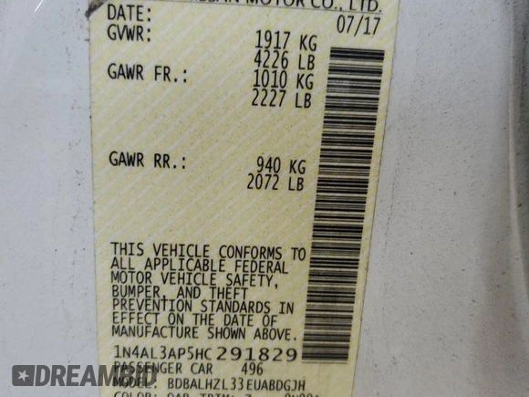 2017 Nissan Altima SV with VIN 1N4AL3AP5HC291829, listed as a Copart auction lot 57784925 with 38,972 mi miles and Salvage title. Bid and sale history available at DreamBid. Image 12.