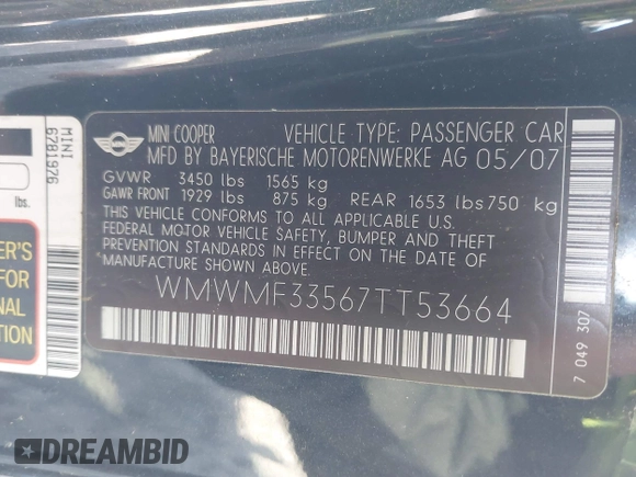 2007 MINI Hardtop with VIN WMWMF33567TT53664, listed as a IAAI auction lot 42027768 with 75,970 mi miles and . Bid and sale history available at DreamBid. Image 9.