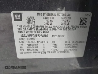2015 Chevrolet Silverado 1500 LT with VIN 1GCVKREC5FZ224506, listed as a IAAI auction lot 41780803 with 104,960 mi miles and . Bid and sale history available at DreamBid. Image 9.