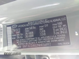 2022 Hyundai Santa Cruz SEL with VIN 5NTJCDAE2NH036992, listed as a IAAI auction lot 41335058 with 43,152 mi miles and . Bid and sale history available at DreamBid. Image 9.
