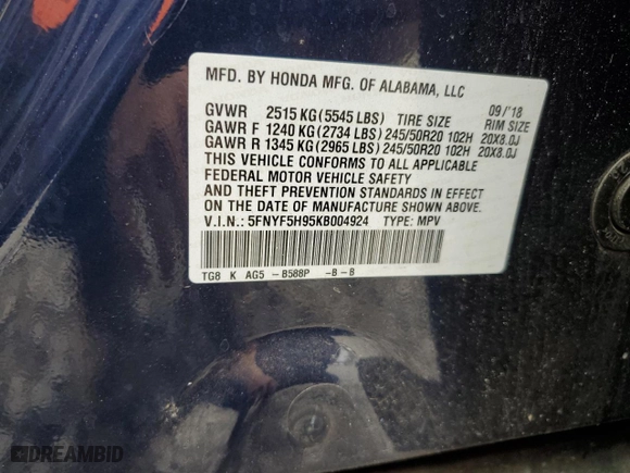 2019 Honda Pilot Touring 8-Passenger with VIN 5FNYF5H95KB004924, listed as a Copart auction lot 86099964 with 94,177 mi miles and Salvage Title. Bid and sale history available at carsss.com. Image 16.