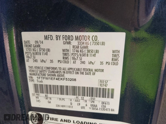2014 Ford F-150 XL z VIN 1FTFW1EF4EKF53208, wystawiony jako IAAI lot #42202543 z przebiegiem 191 891 mil mil oraz . Historia ofert i sprzedaży dostępna na DreamBid. Obrazek 9.