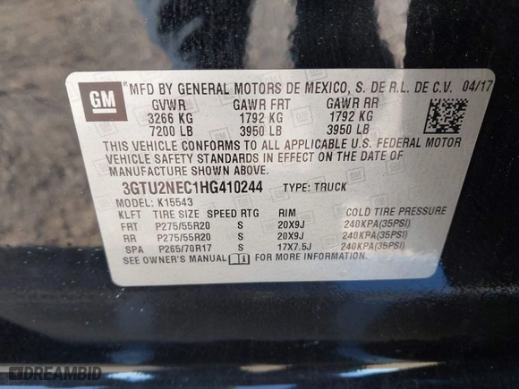 2017 GMC Sierra 1500 SLT with VIN 3GTU2NEC1HG410244, listed as a IAAI auction lot 41298886 with 81,459 mi miles. Bid and sale history available at carsss.com. Image 9.