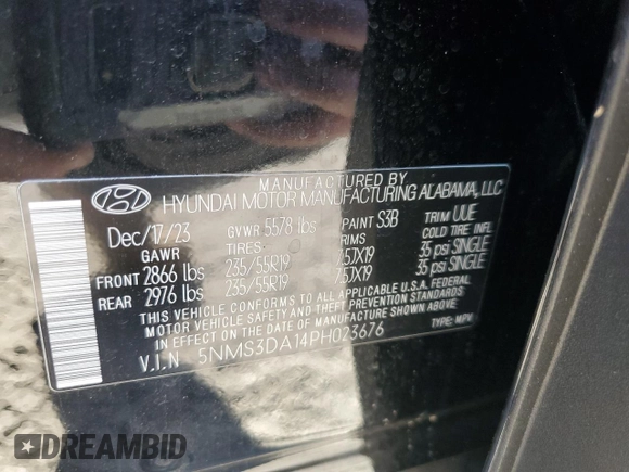 2023 Hyundai Santa Fe Hybrid SEL Premium with VIN 5NMS3DA14PH023676, listed as a Copart auction lot 75521434 with 4,222 mi miles and Salvage Title. Bid and sale history available at carsss.com. Image 12.