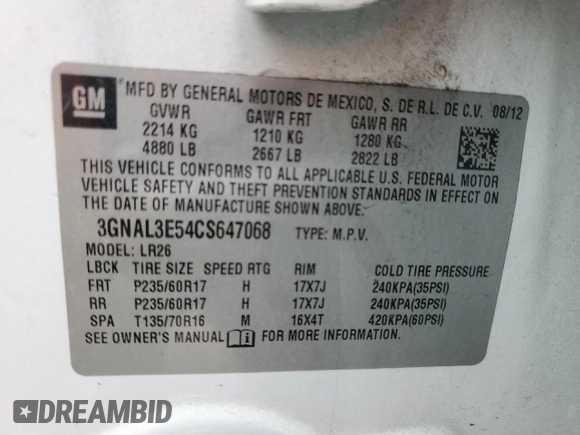 2012 Chevrolet Captiva Sport LT with VIN 3GNAL3E54CS647068, listed as a Copart auction lot 47781245 with 133,160 mi miles and Salvage Title. Bid and sale history available at DreamBid. Image 14.