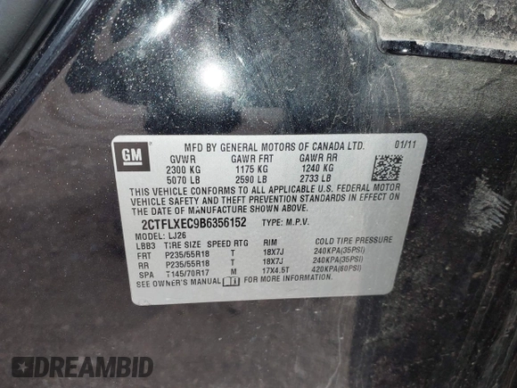 2011 GMC Terrain SLT-2 with VIN 2CTFLXEC9B6356152, listed as a IAAI auction lot 42131430 with 189,768 mi miles. Bid and sale history available at carsss.com. Image 9.