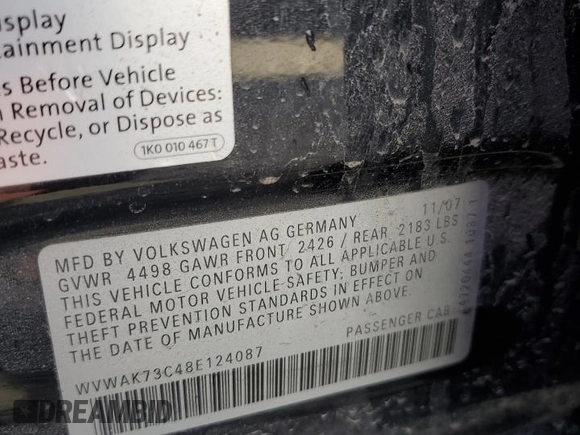 2008 Volkswagen Passat Komfort z VIN WVWAK73C48E124087, wystawiony jako Copart lot #46674665 z przebiegiem 128 004 mil mil oraz Szkoda całkowita • Salvage title. Historia ofert i sprzedaży dostępna na DreamBid. Obrazek 12.