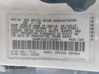 2007 Toyota Corolla CE with VIN 1NXBR32E87Z823671, listed as a IAAI auction lot 42152601 with 196,613 mi miles and . Bid and sale history available at DreamBid. Image 9.