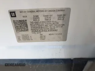 2020 Chevrolet Equinox LT with VIN 2GNAXLEX1L6103082, listed as a IAAI auction lot 41698089 with 91,582 mi miles. Bid and sale history available at carsss.com. Image 9.