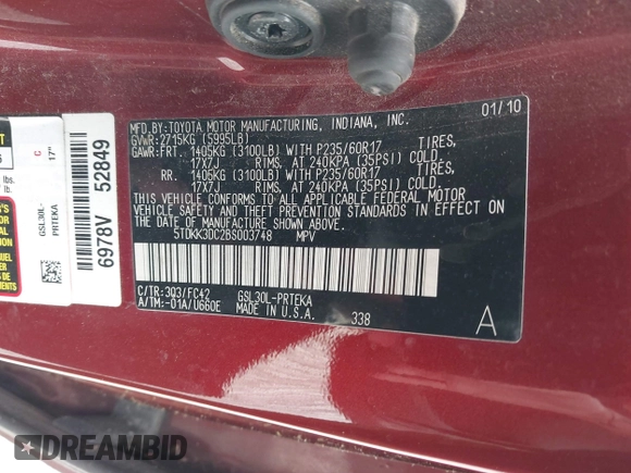 2011 Toyota Sienna LE AAS with VIN 5TDKK3DC2BS003748, listed as a IAAI auction lot 42142090 with 246,737 mi miles. Bid and sale history available at carsss.com. Image 9.