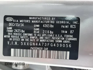 2015 Kia Optima EX with VIN 5XXGN4A73FG439056, listed as a Copart auction lot 48029355 with 81,392 mi miles and Salvage Title. Bid and sale history available at carsss.com. Image 12.