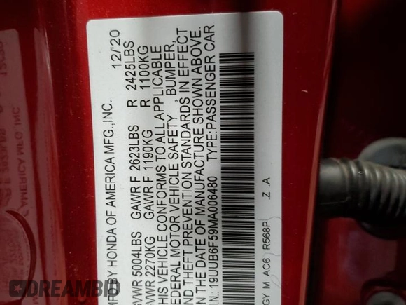 2021 Acura TLX w/A-Spec Package with VIN 19UUB6F59MA006480, listed as a Copart auction lot 86082704 with 59,683 mi miles and Salvage Title. Bid and sale history available at carsss.com. Image 12.