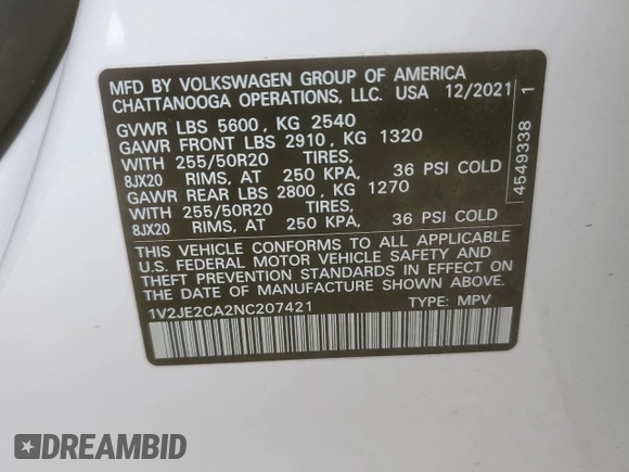 2022 Volkswagen Atlas SE with VIN 1V2JE2CA2NC207421, listed as a Copart auction lot 49580685 with 50,816 mi miles and Salvage title. Bid and sale history available at DreamBid. Image 13.