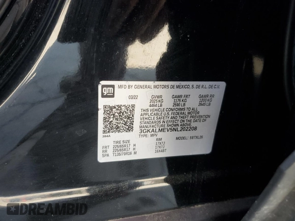 2022 GMC Terrain SLE с VIN 3GKALMEV5NL202208, выставлен на аукционе Copart как лот 54062805 с пробегом 74 288 миль миль и Списание • Salvage title. История ставок и продаж доступна на DreamBid. Изображение 14.