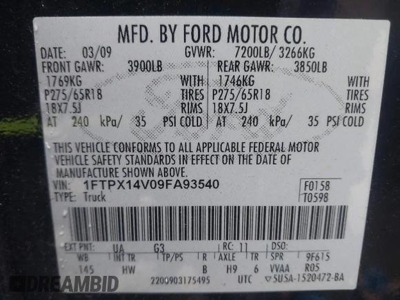 2009 Ford F-150 XL with VIN 1FTPX14V09FA93540, listed as a IAAI auction lot 41461340 with 152,090 mi miles. Bid and sale history available at carsss.com. Image 9.